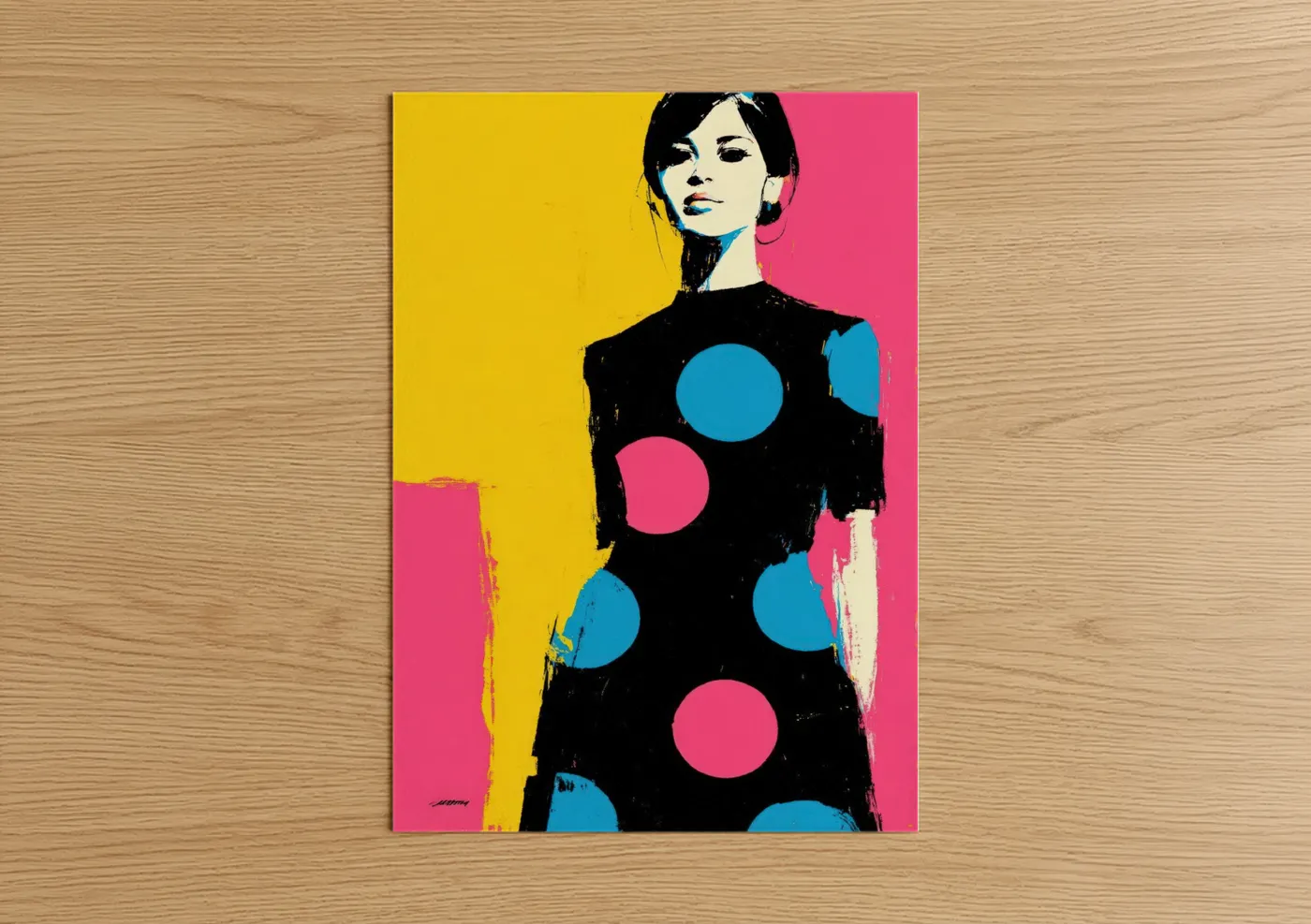 Fashion illustration art print on warm oak wood — magenta and blue palette — Pop Art Elegance poster