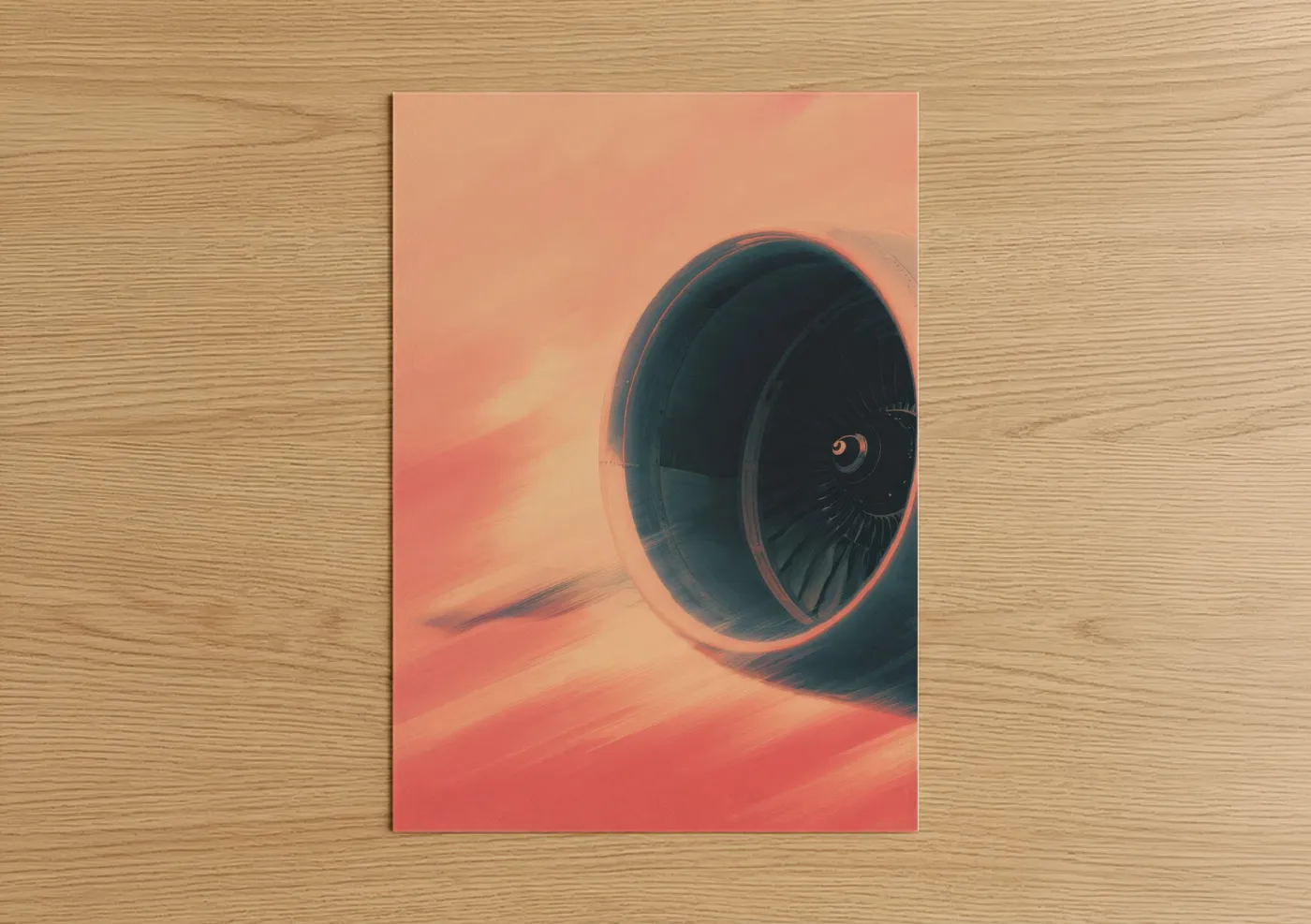 Commercial plane art print on warm oak wood — peach and dark blue palette — Sunrise Jet Engine poster