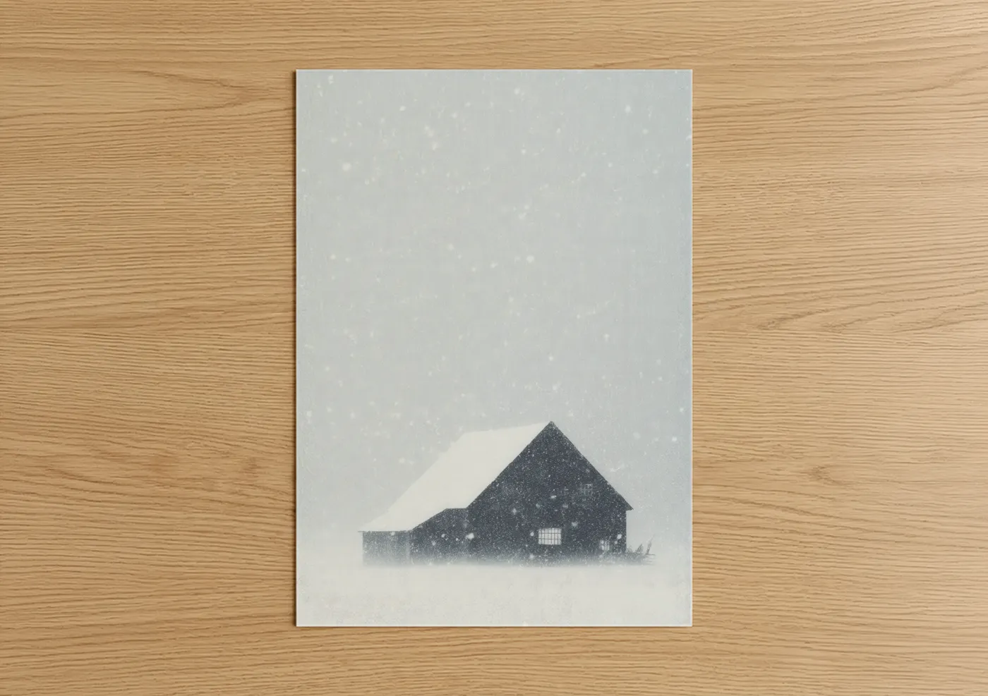 Art print on warm oak wood — gray and white and dove gray palette — Snowy Barn Solitude poster
