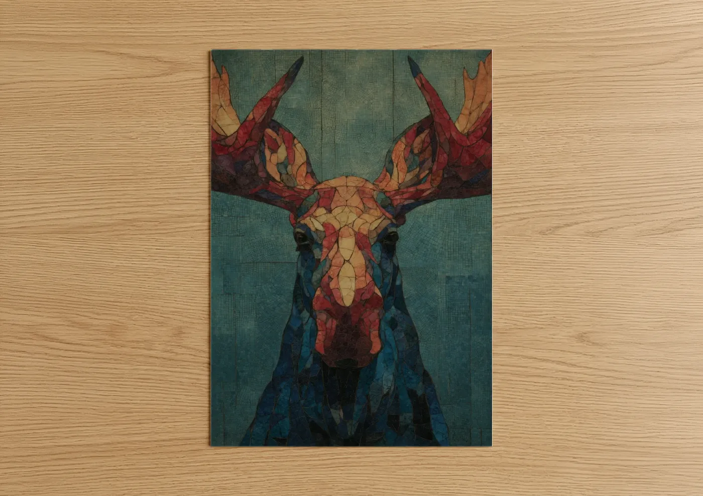 Art print on warm oak wood — teal and russet palette — Geometric Moose poster