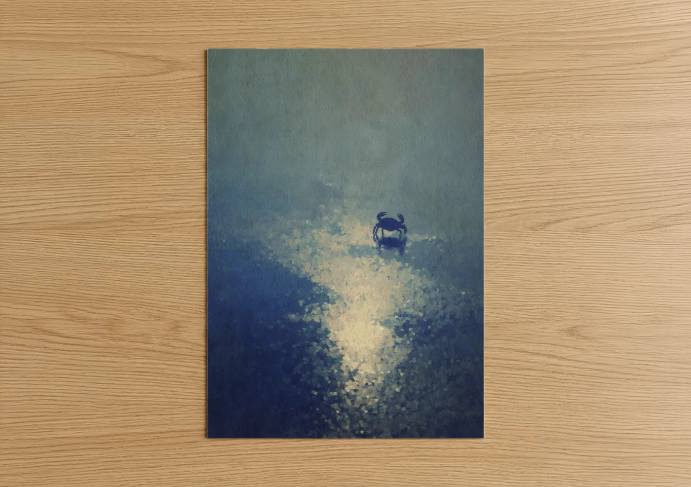 Art print on warm oak wood — blue and gray palette — Ethereal Crab poster