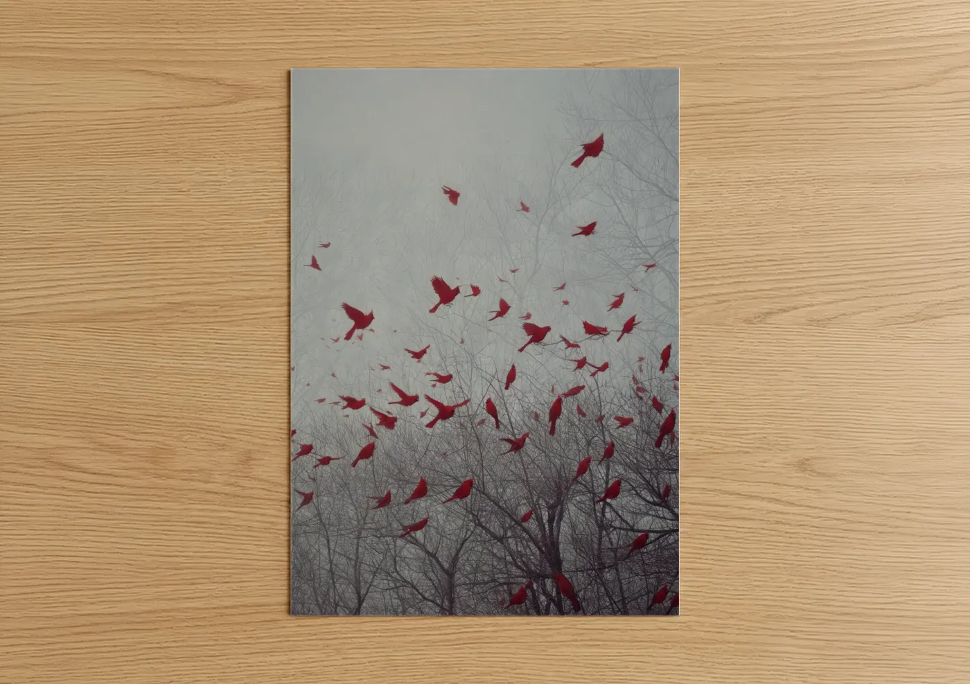 Red Cardinals in Flight Winter Trees Wall Art