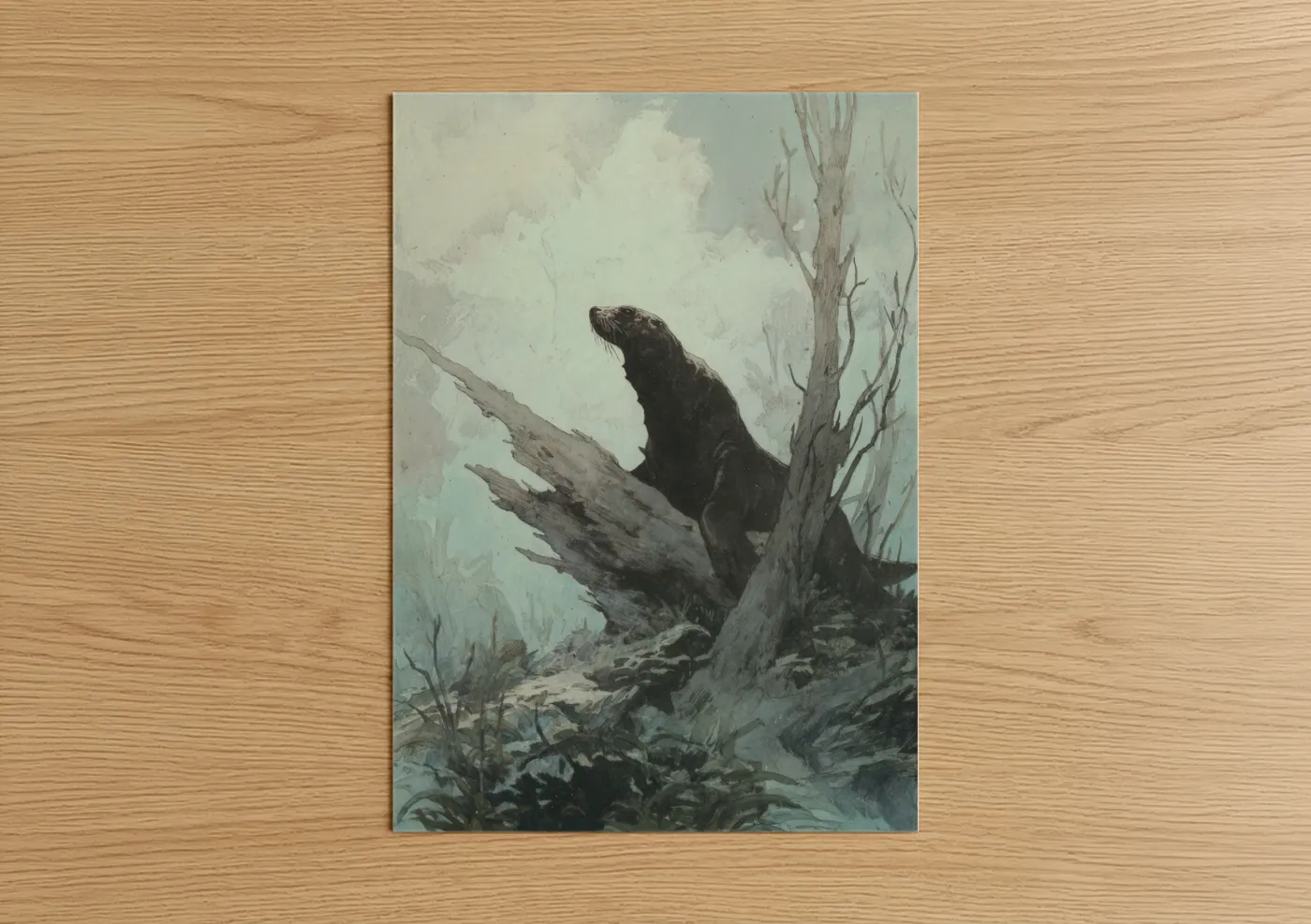 Art print on warm oak wood — gray and white and blue palette — Coastal Sea Lion poster