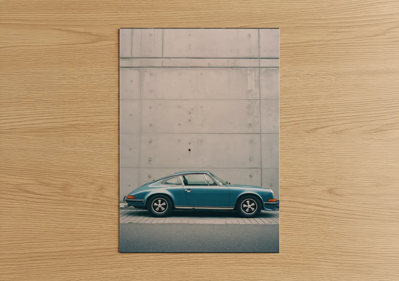 Sports car art print on warm oak wood — teal and gray and white palette — Turquoise Classic poster