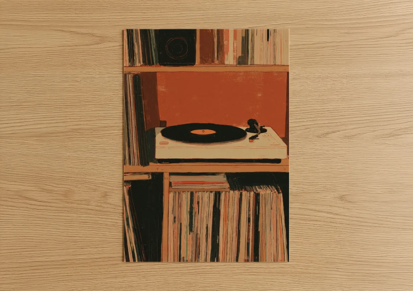 Vintage Turntable With Vinyl Records Wall Art