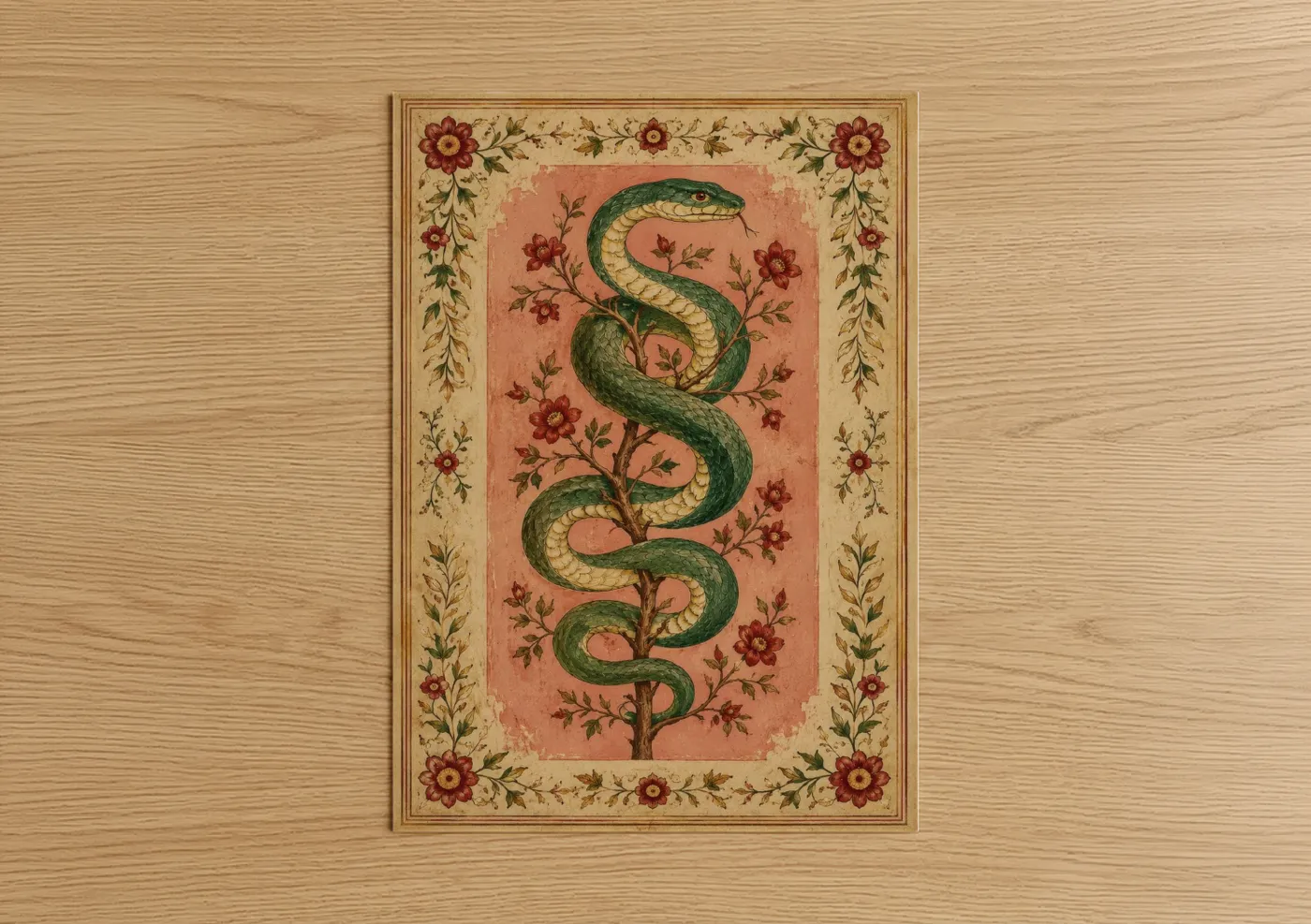 Art print on warm oak wood — peach and green palette — Botanical Snake Floral Border Wall Art poster