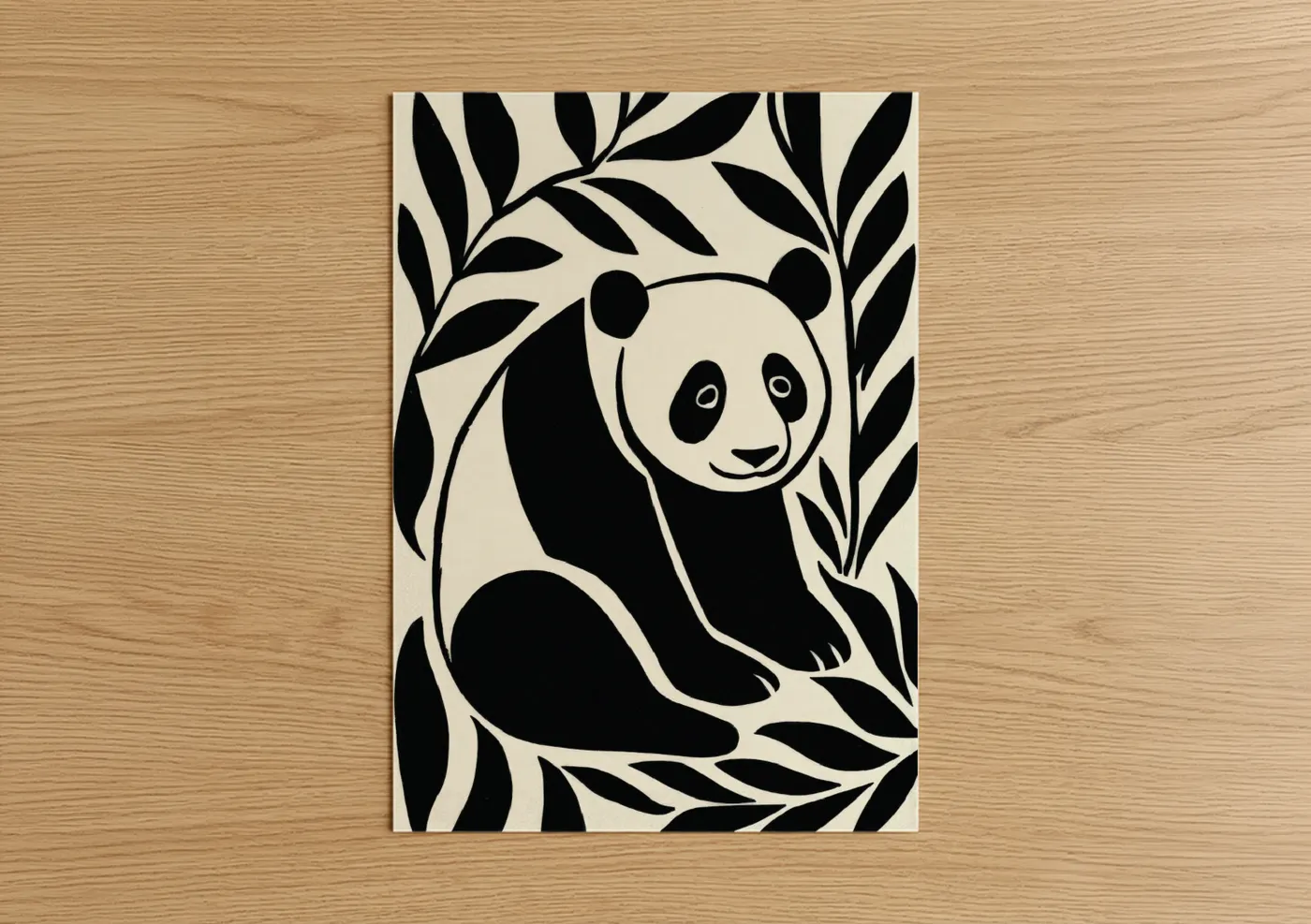 Abstract minimalist art print on warm oak wood — black and white and cream palette — Bamboo Panda poster