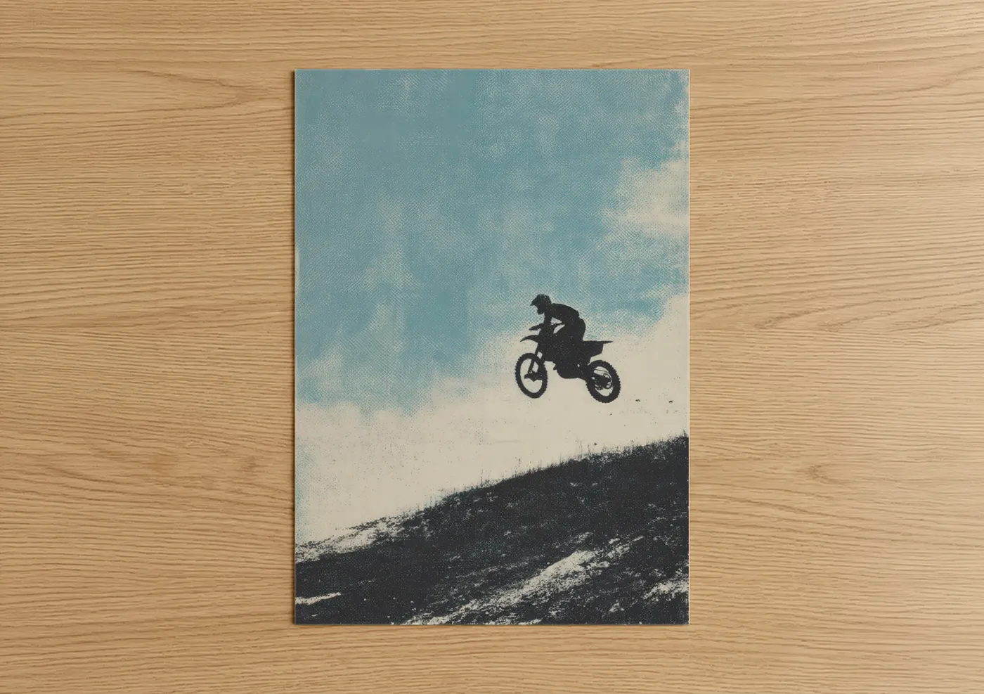 Art print on warm oak wood — blue and black and white palette — Airborne Motocross poster