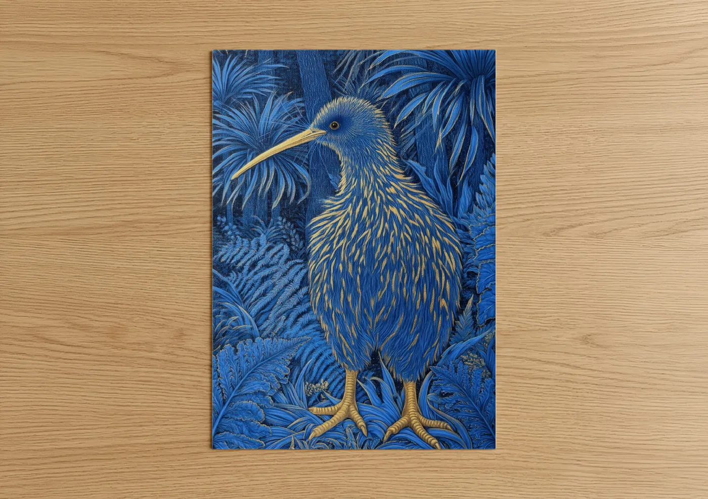 Art print on warm oak wood — blue and gold and white palette — Golden Kiwi poster