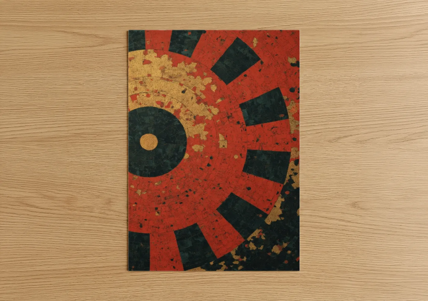 Art print on warm oak wood — red and gold and silver palette — Golden Roulette Wheel poster