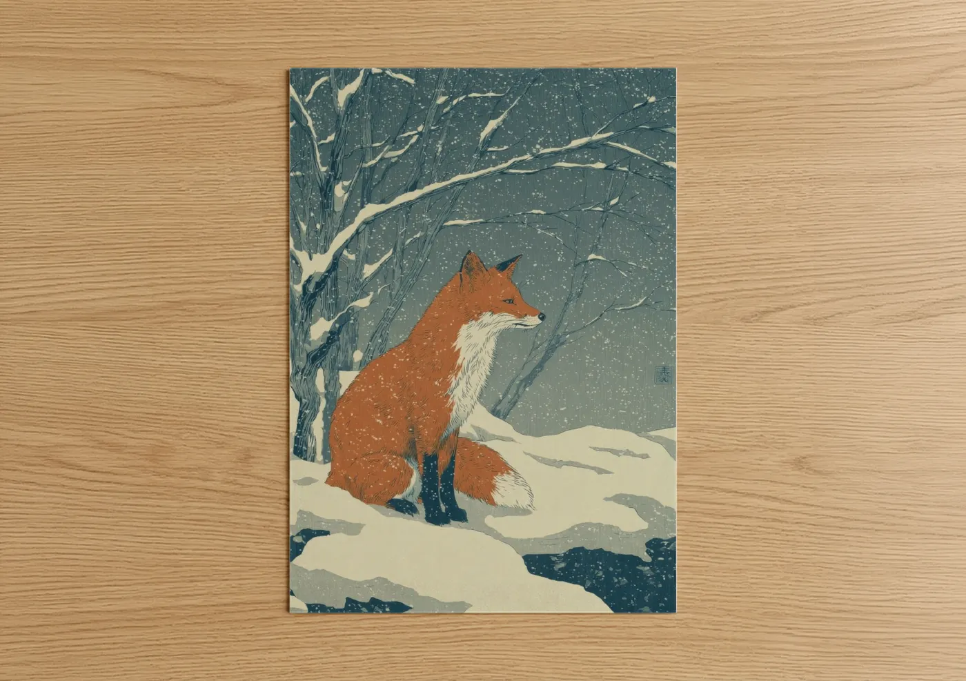Red Fox Winter Snow Woodblock Wall Art