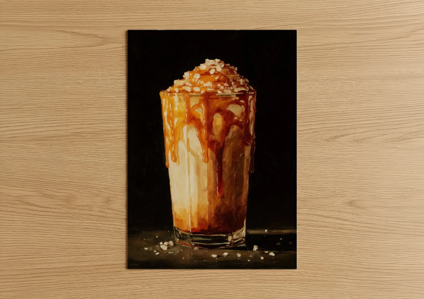 Milkshake art print on warm oak wood — gold and black and white palette — Caramel Iced Latte poster