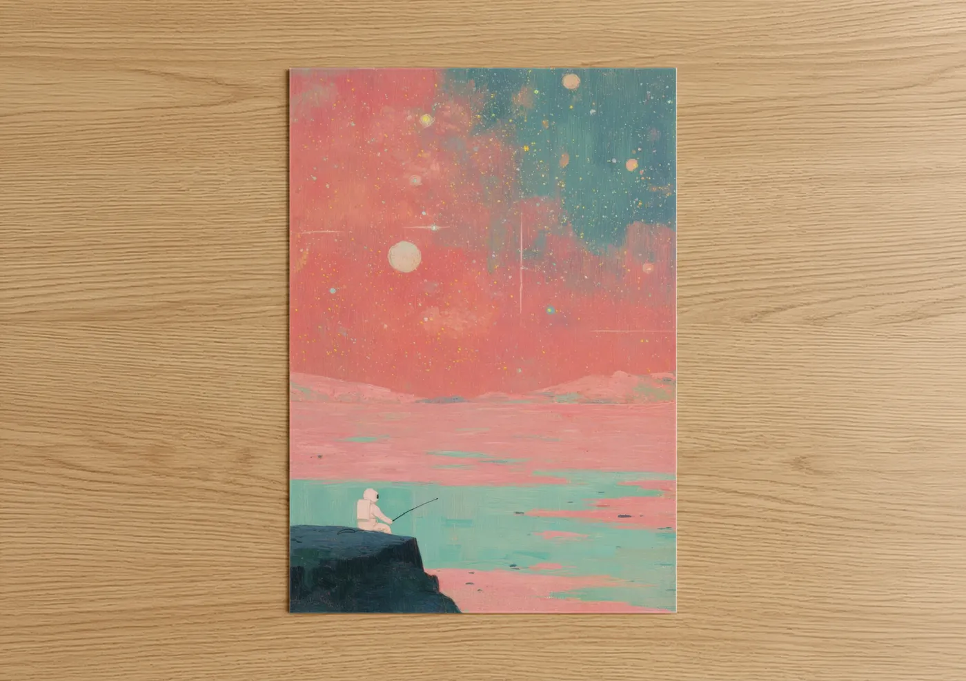 Astronaut art print on warm oak wood — salmon pink and teal palette — Cosmic Fisherman poster