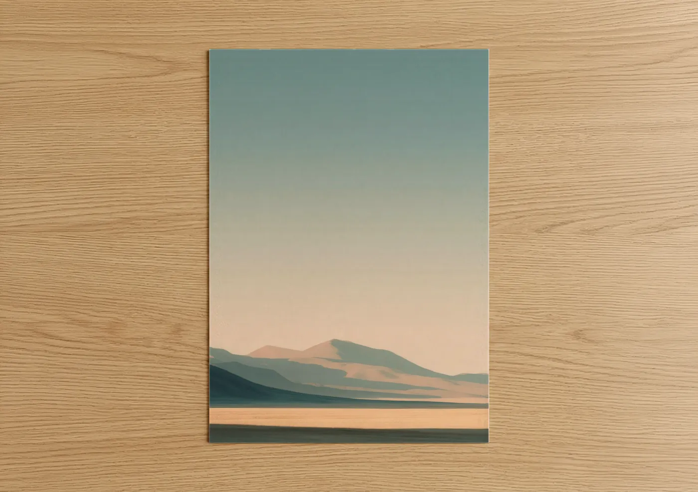 Art print on warm oak wood — peach and sage green palette — Serene Dune poster