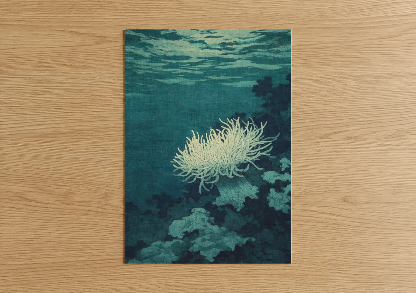 Art print on warm oak wood — teal and blue palette — Luminous Sea Anemone poster