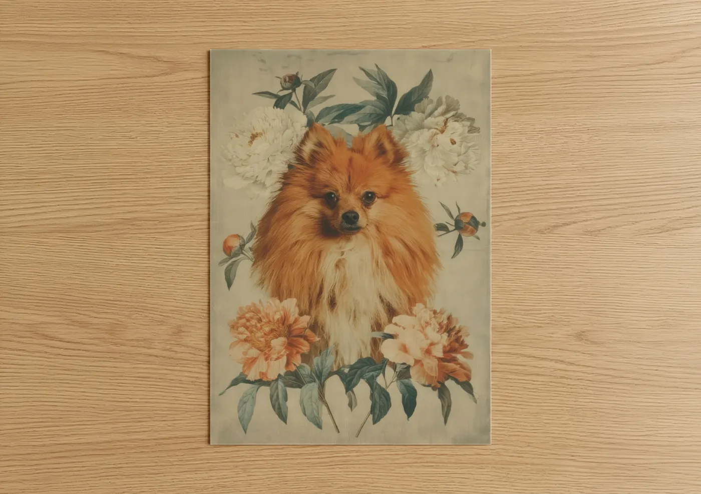 Fluffy Spitz Dog with Peonies Wall Art