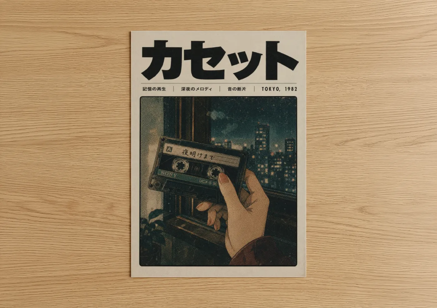 Casette art print on warm oak wood — beige and teal palette — Retro Tokyo Cassette Tape Wall Art poster