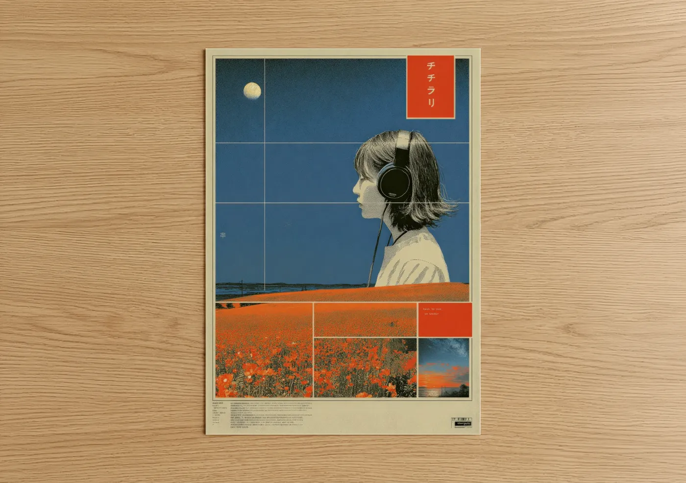 Japanese y2k art print on warm oak wood — dark blue and orange palette — Midnight Listener poster