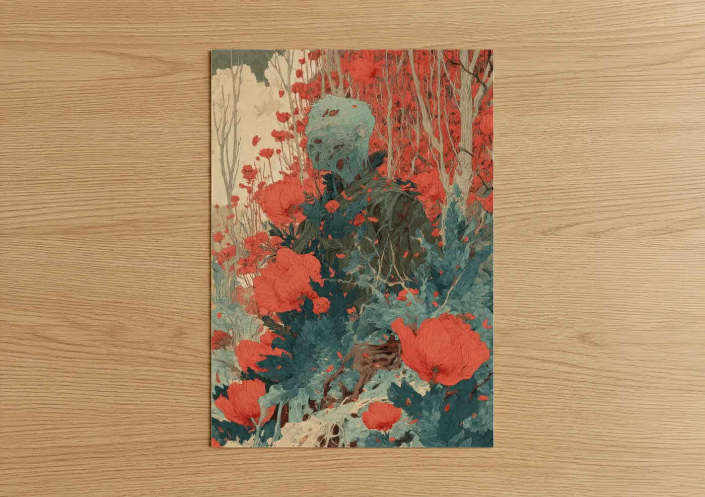 Zombie in Red Poppy Field Illustration Wall Art