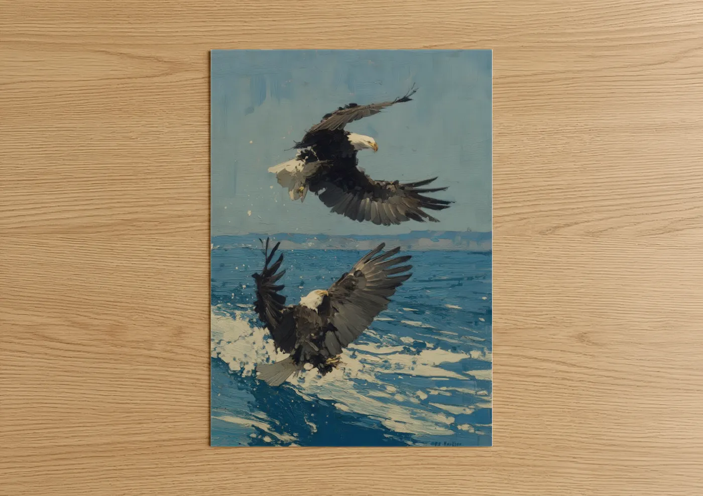 Art print on warm oak wood — blue and cream palette — Coastal Eagle Pair poster