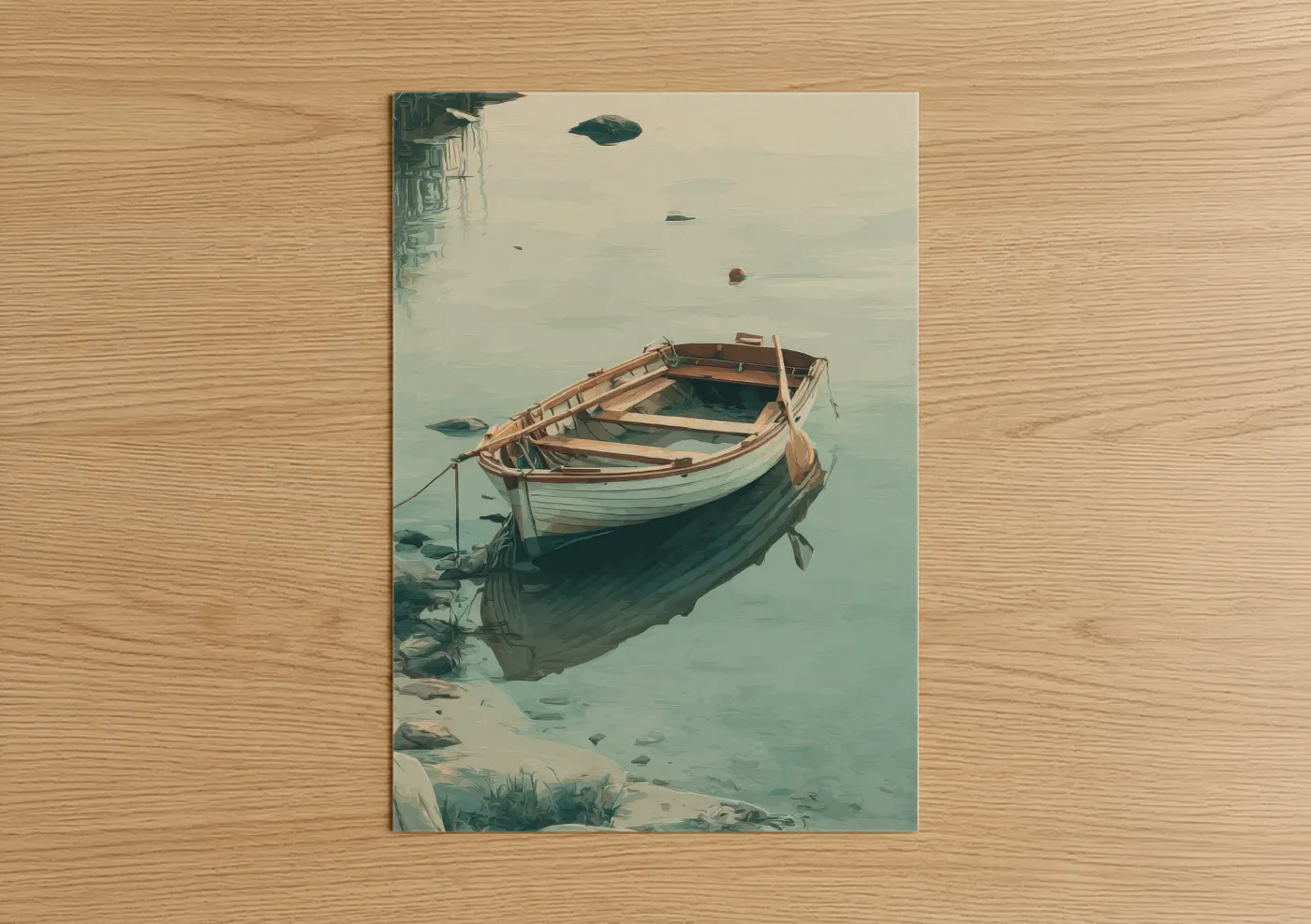 Art print on warm oak wood — teal and cream palette — Moored Rowboat poster