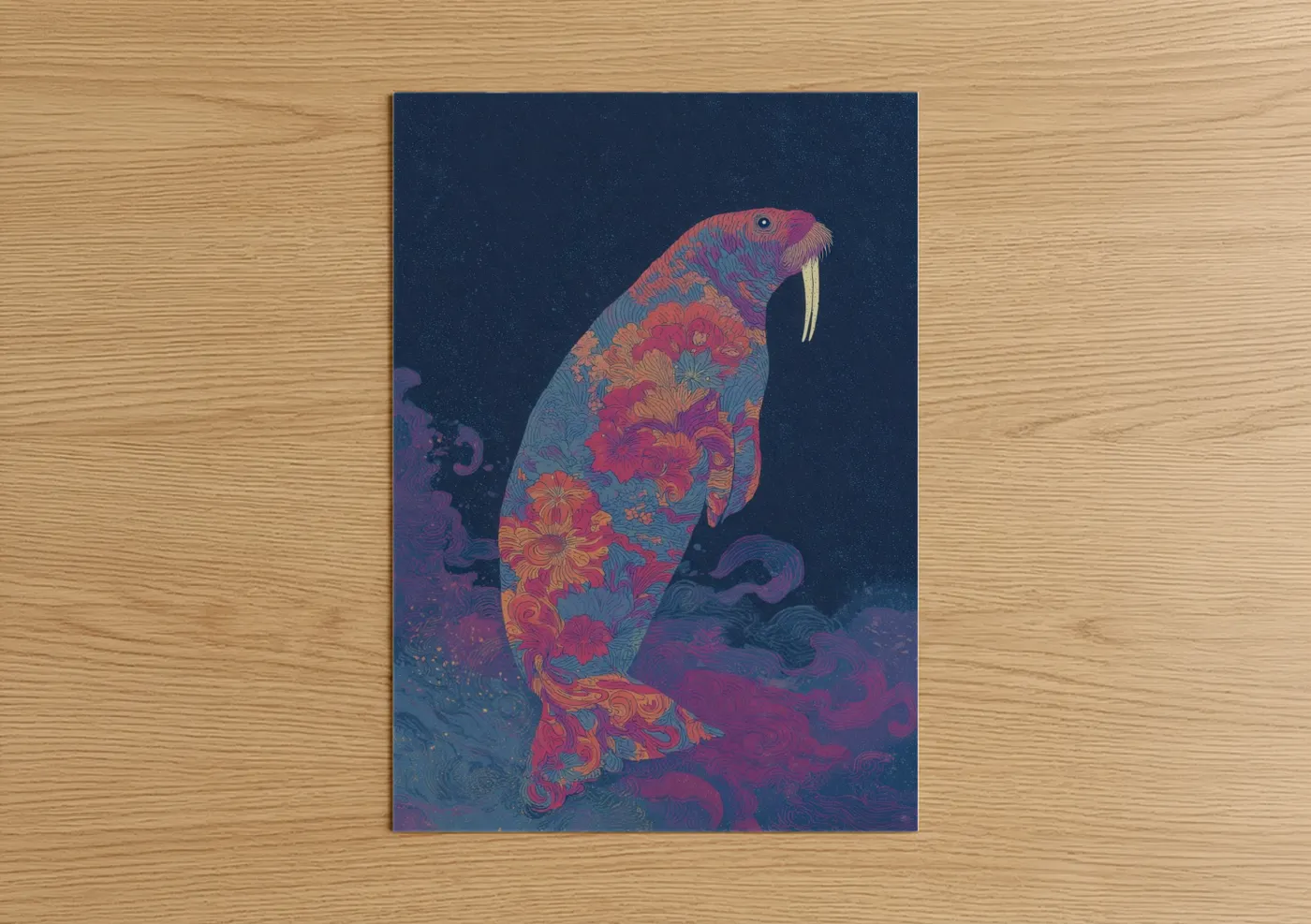Art print on warm oak wood — blue and magenta palette — Floral Walrus poster