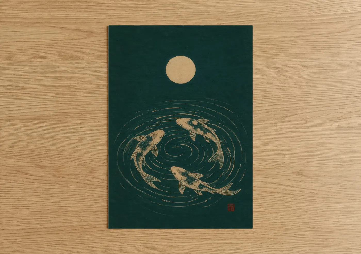 Art print on warm oak wood — dark green and champagne gold palette — Japanese Koi Fish Moon Wall Art poster