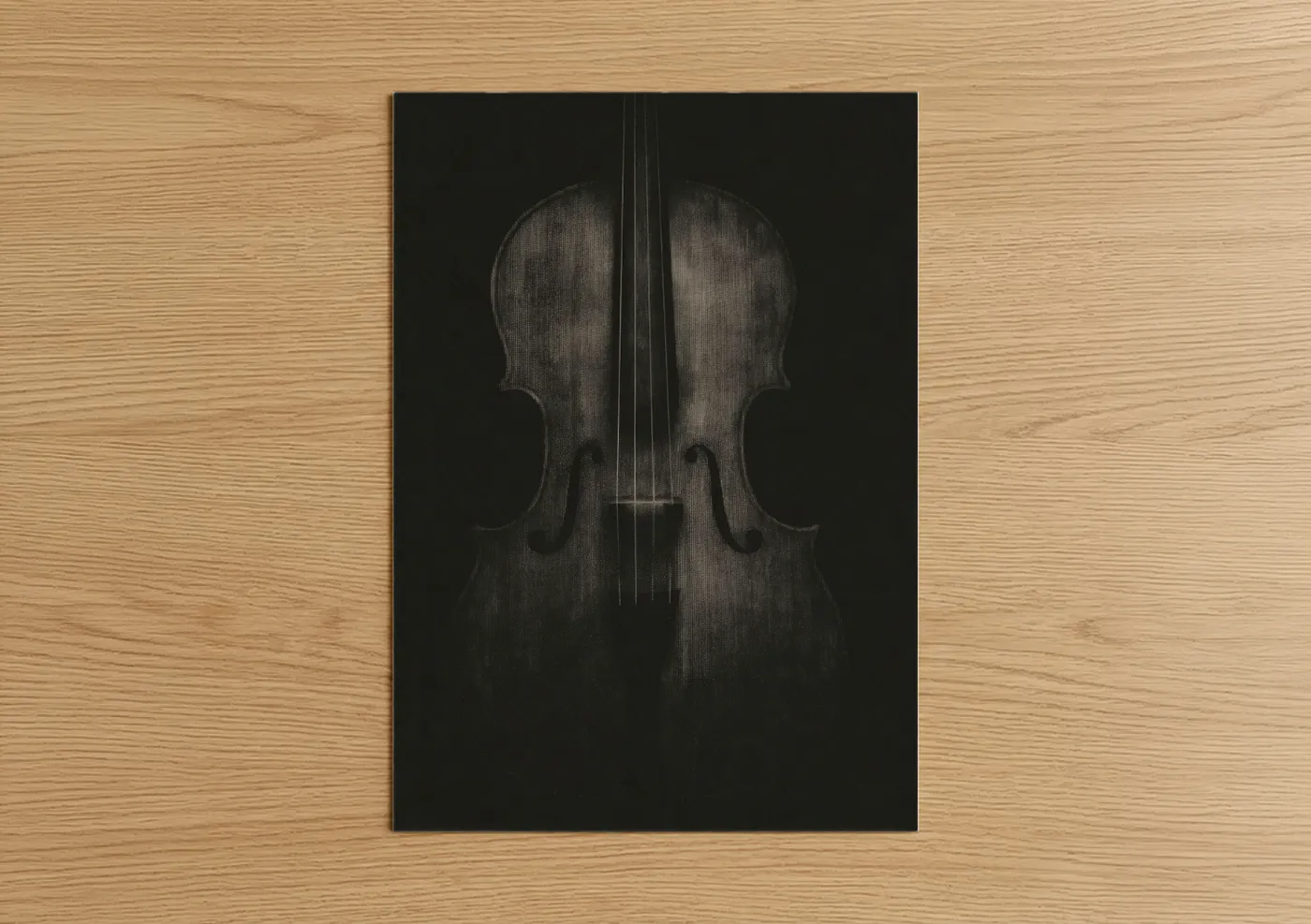 Art print on warm oak wood — black and white and dove gray palette — Dark Violin poster