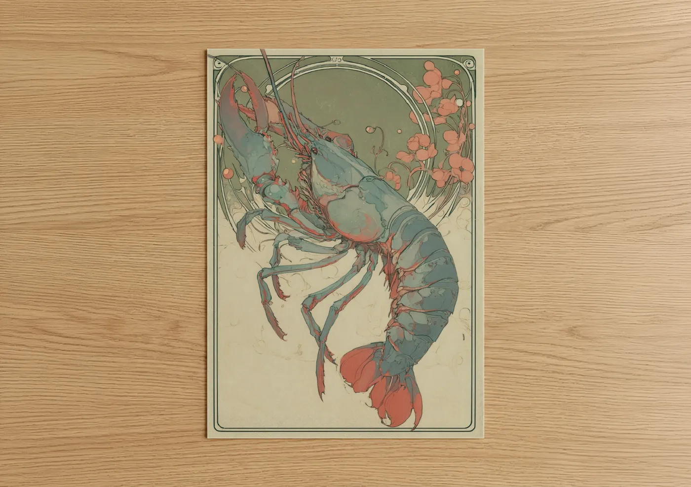 Art print on warm oak wood — sage green and salmon pink palette — Coral Lobster poster