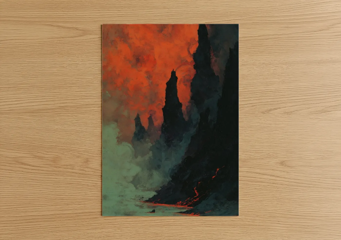 Art print on warm oak wood — red and black palette — Volcanic Cliff Inferno poster