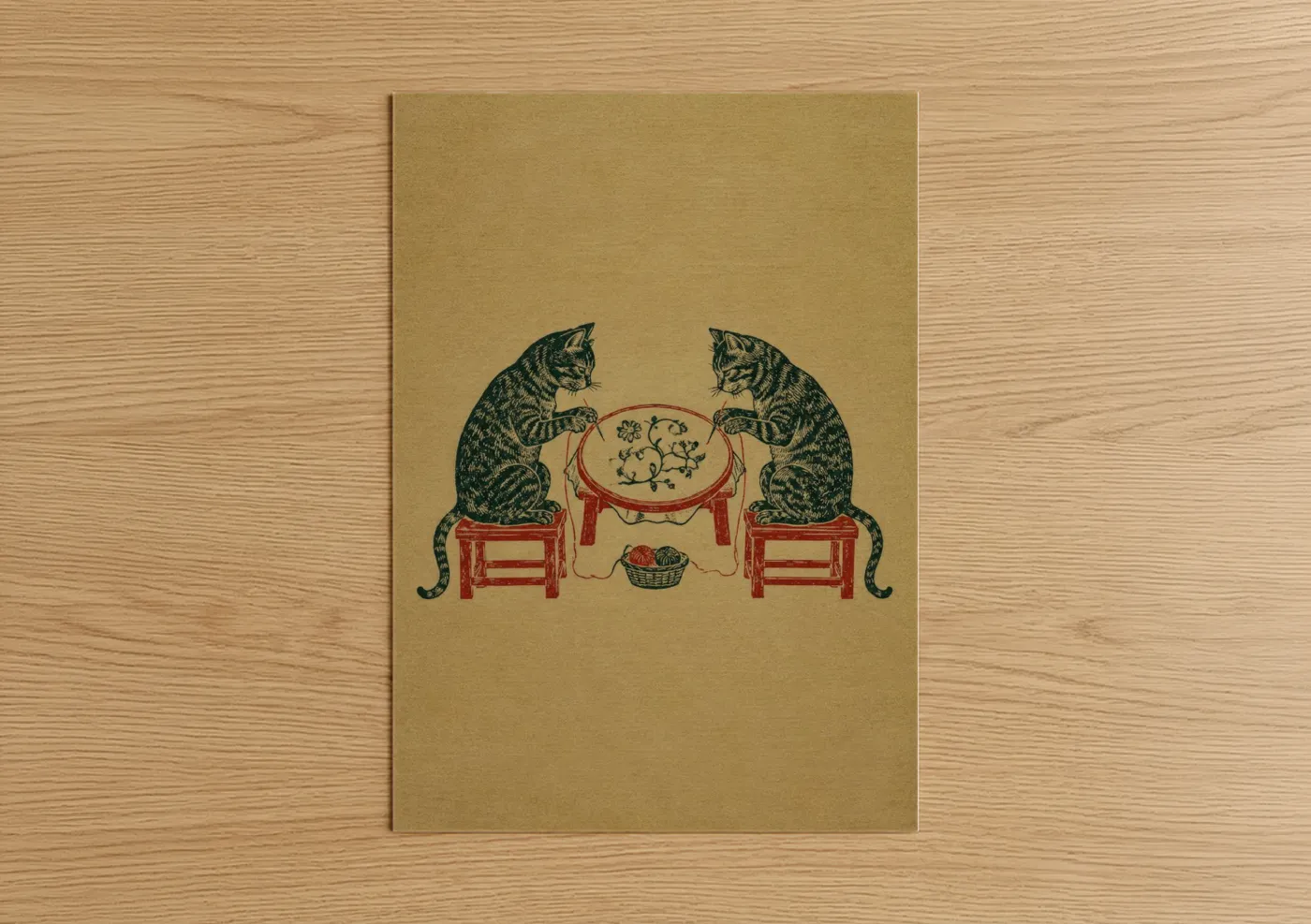 Art print on warm oak wood — beige and dark green palette — Japanese Cats at Tea Table Wall Art poster