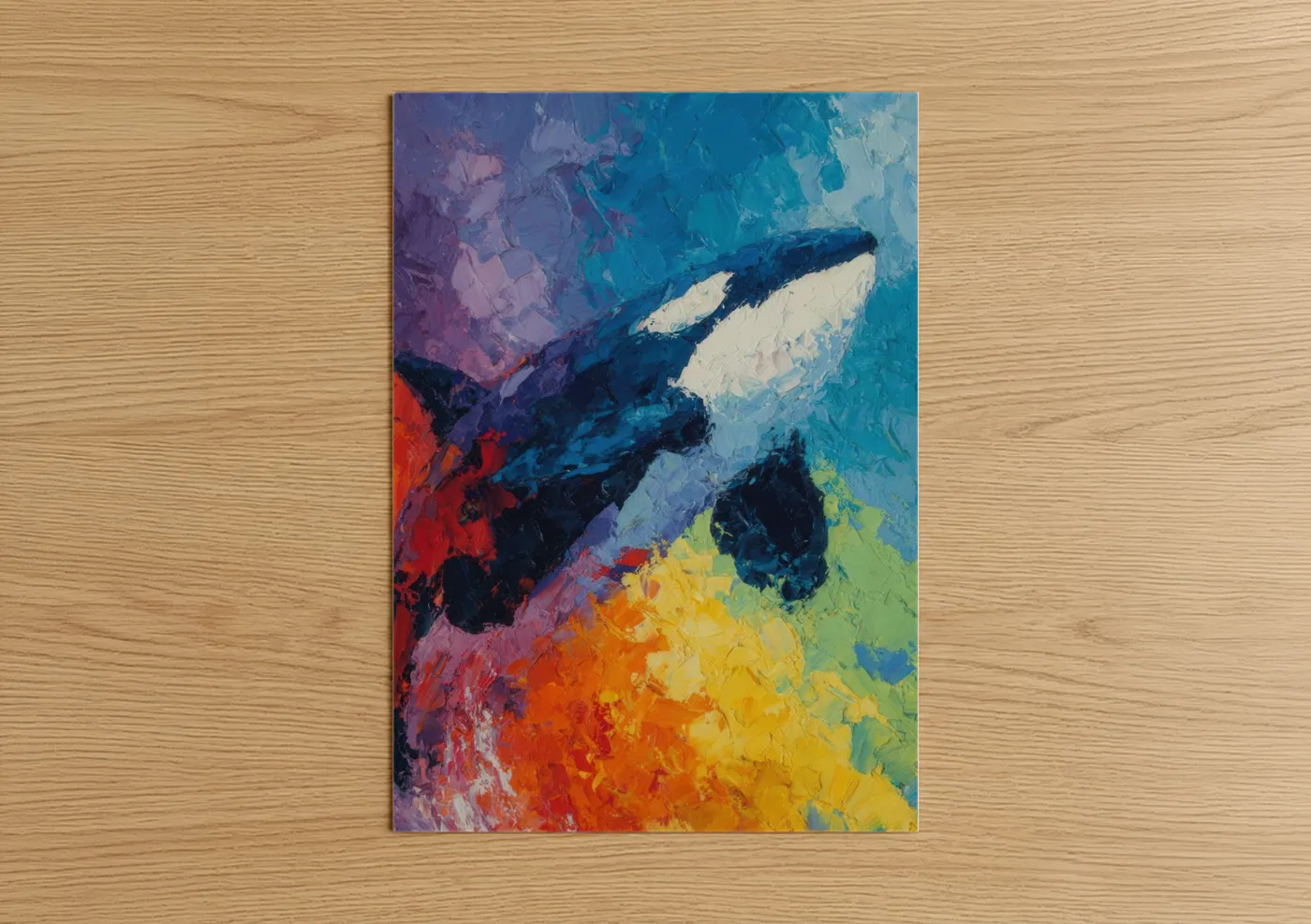 Orca whale art print on warm oak wood — blue and orange palette — Colorful Orca poster