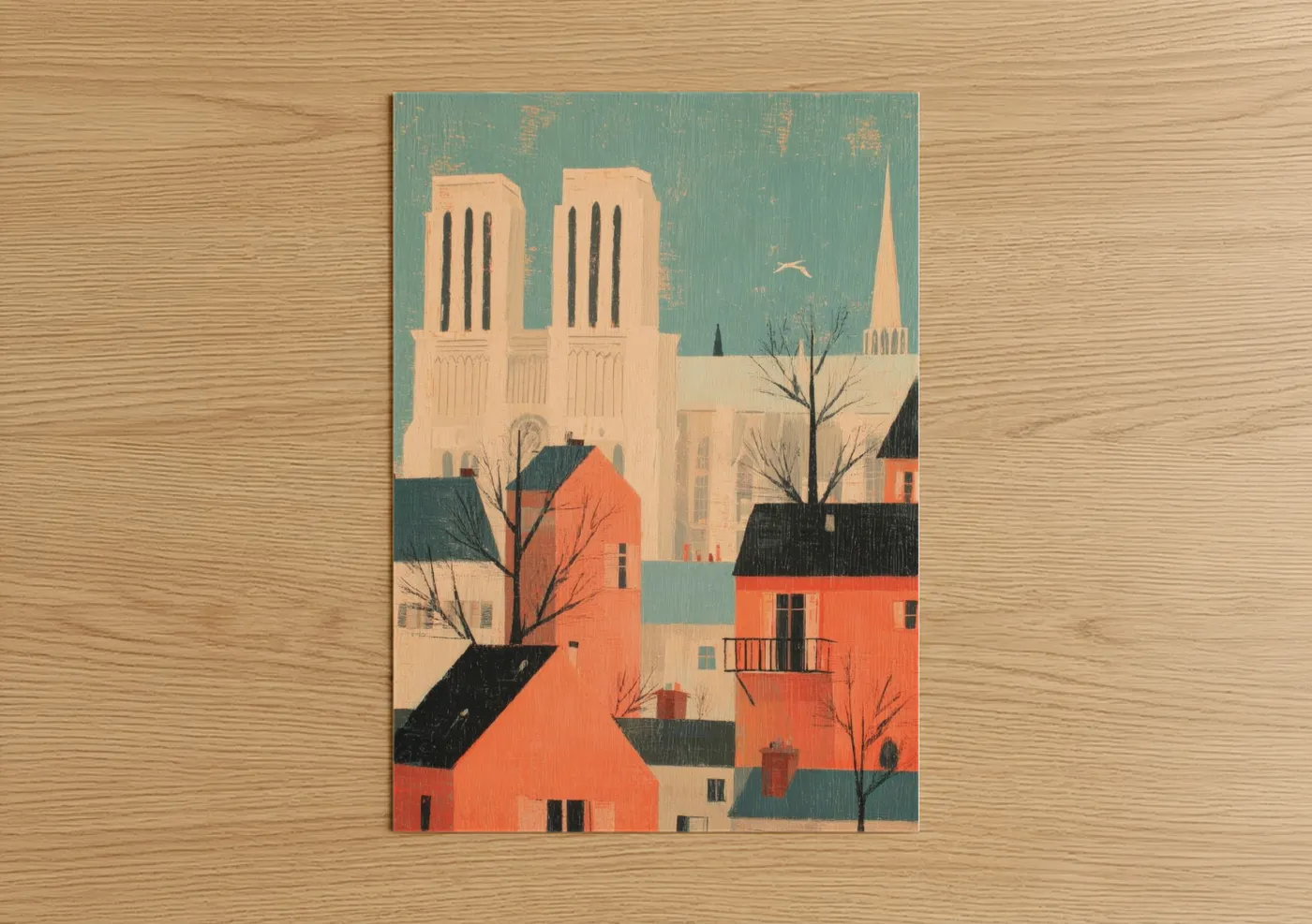 Notre dame art print on warm oak wood — teal and peach palette — Parisian Notre-Dame poster