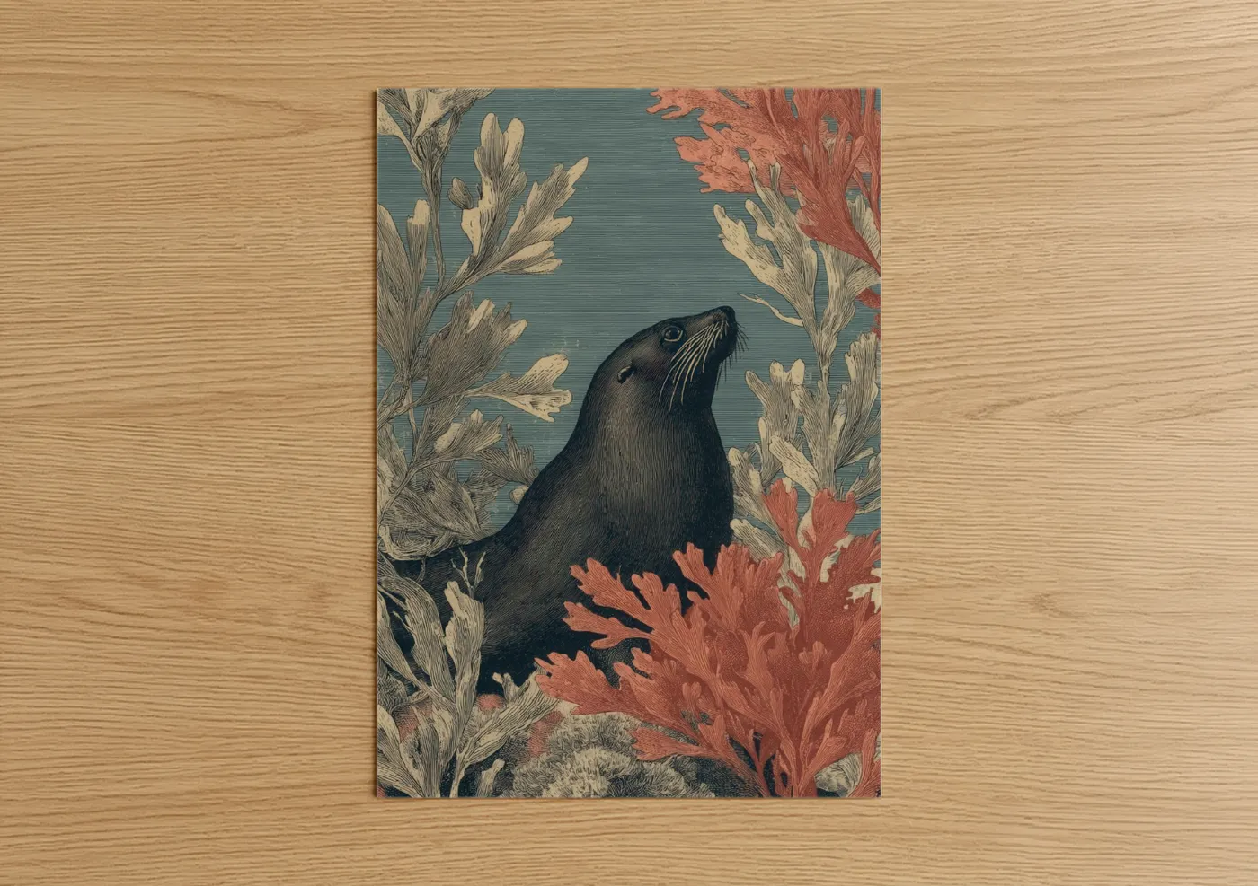Art print on warm oak wood — teal and cream palette — Coastal Sea Lion poster