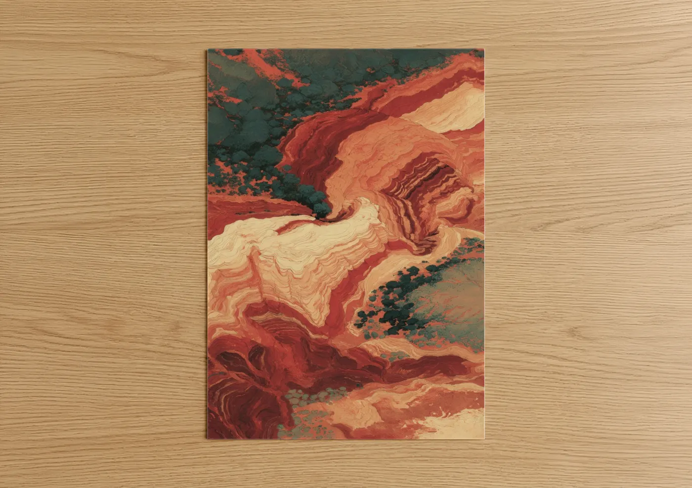 Art print on warm oak wood — red and dark green palette — Crimson Canyon poster