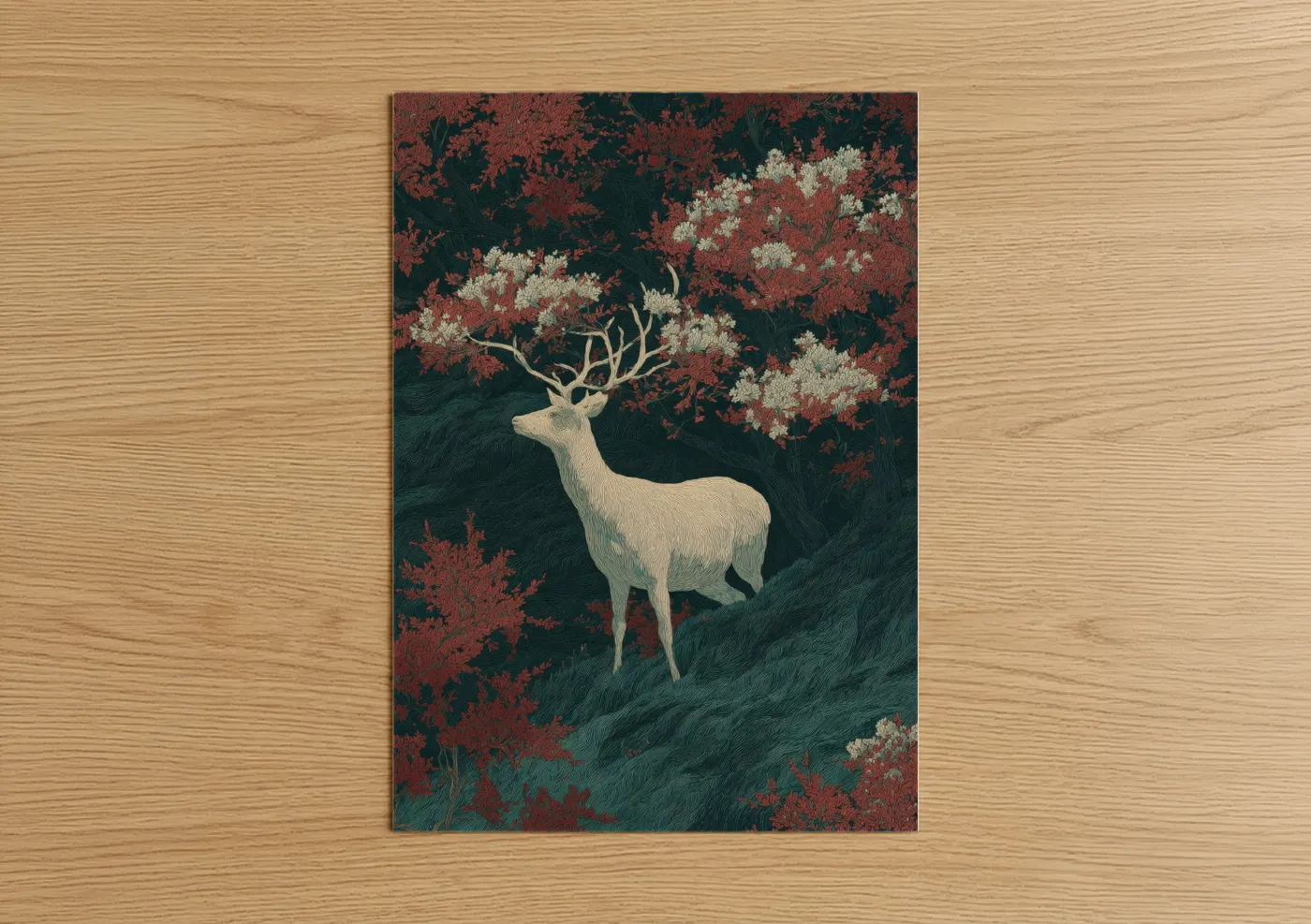 Fairytale art print on warm oak wood — maroon and white palette — Enchanted Deer poster