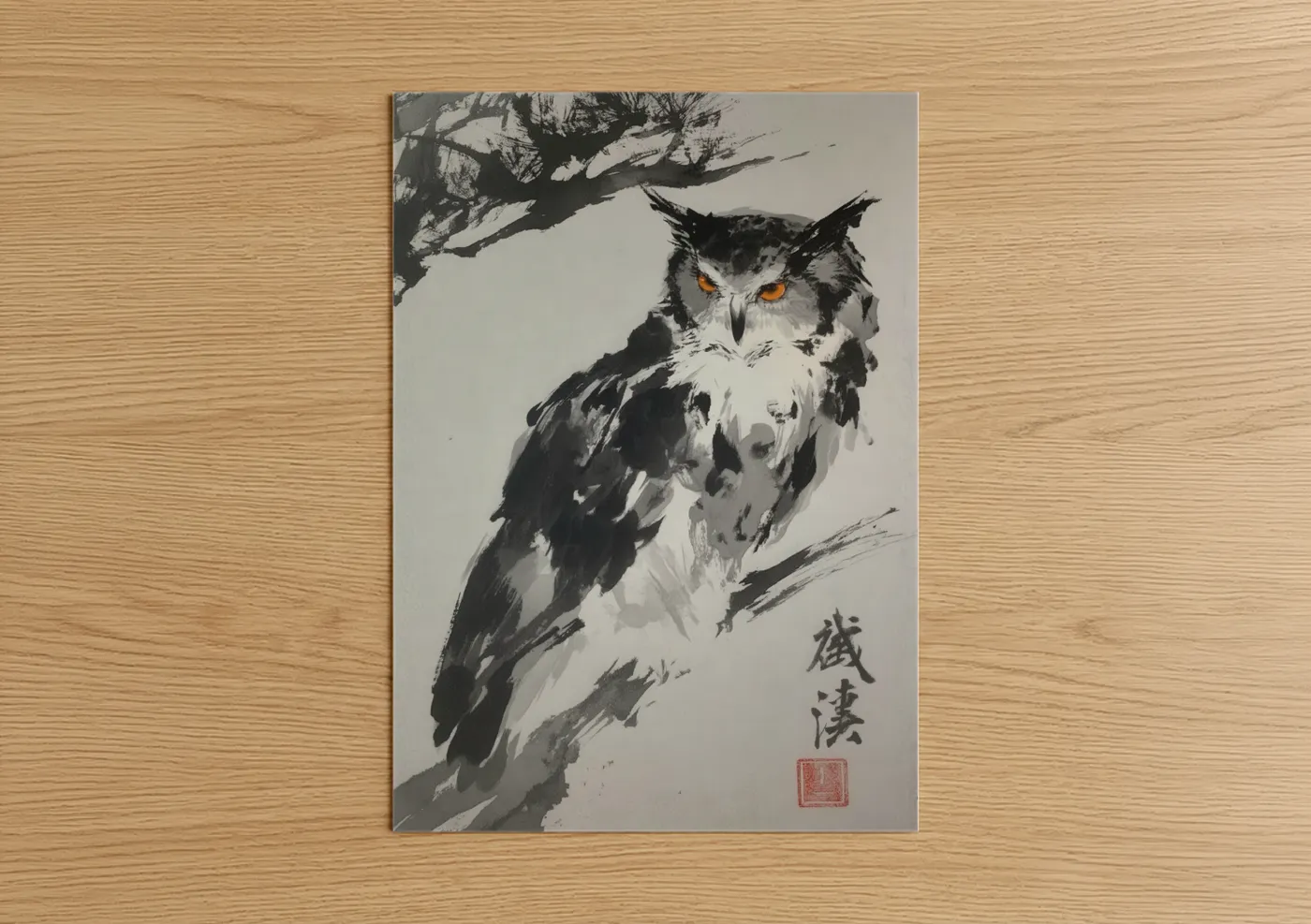 Golden-Eyed Owl Japanese Ink Wall Art