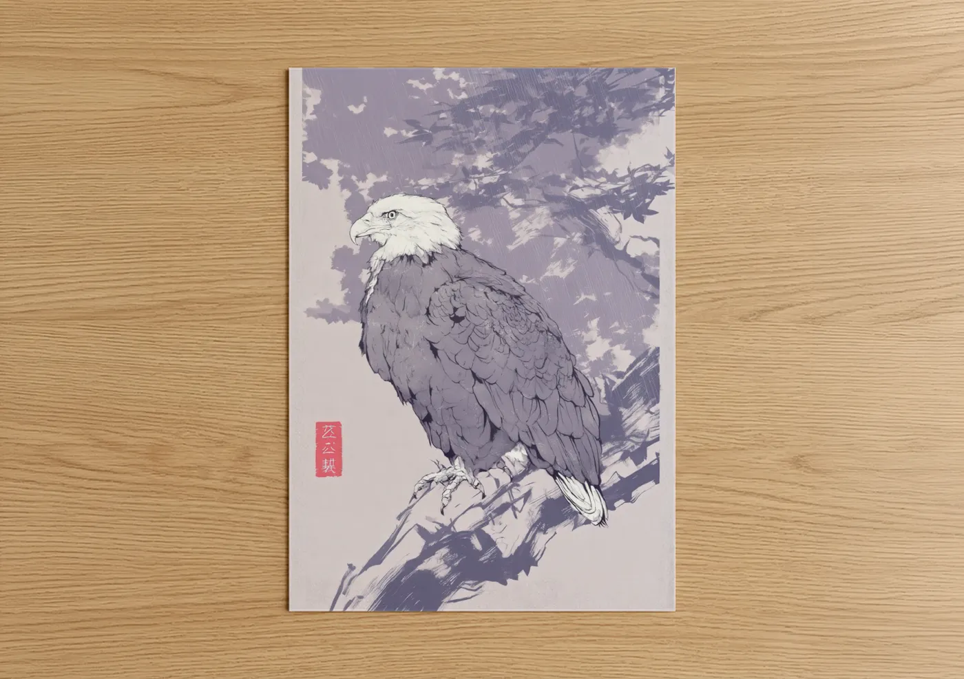 Art print on warm oak wood — lavender and gray palette — Majestic Eagle poster