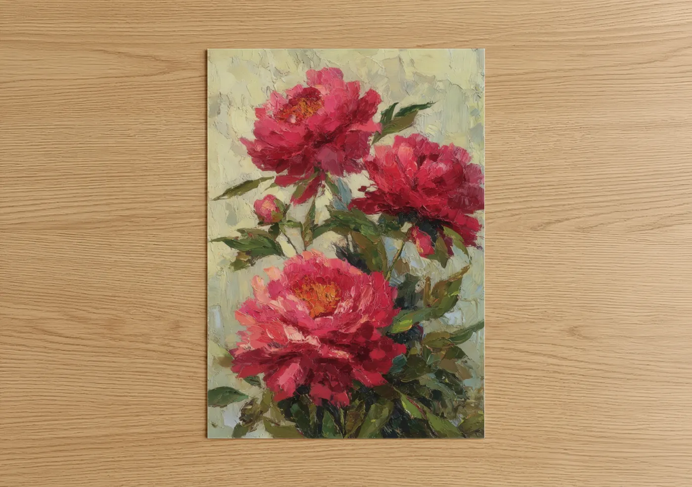 Art print on warm oak wood — magenta and dark green palette — Crimson Peony Cluster poster