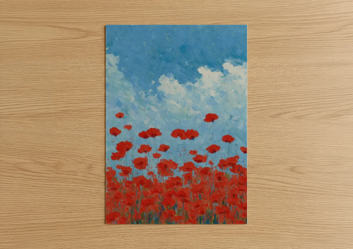 Veterans day art print on warm oak wood — red and blue and white palette — Crimson Poppy Field poster