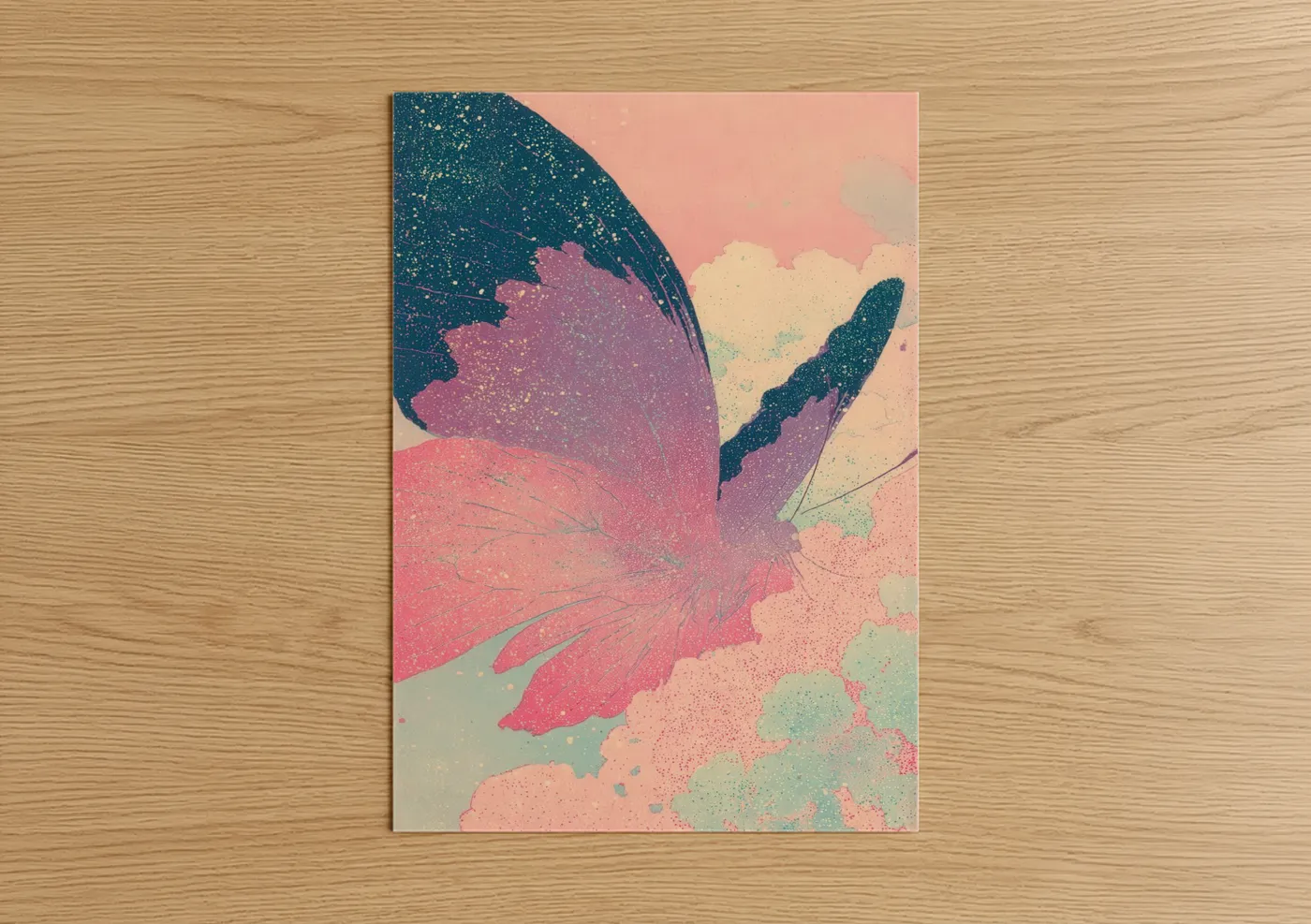 Make up art print on warm oak wood — magenta and teal palette — Cosmic Makeup poster