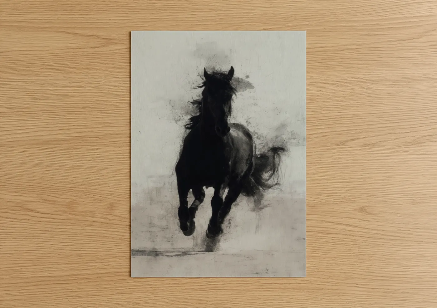 Friesian horse art print on warm oak wood — black and white and gray palette — Stormy Friesian poster