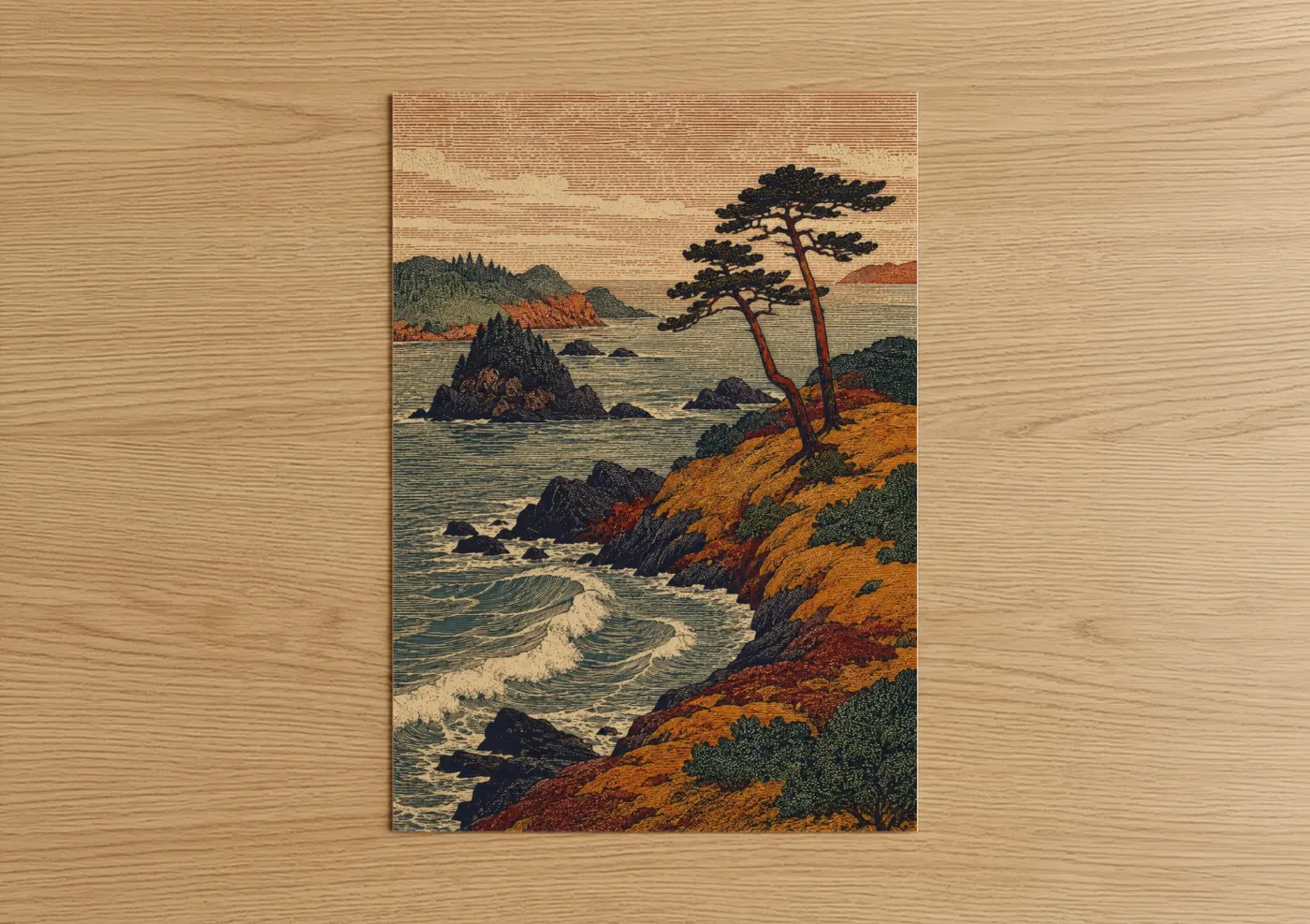 Seascapes and ocean art print on warm oak wood — orange and teal palette — Japanese Coastal Landscape Wall Art poster