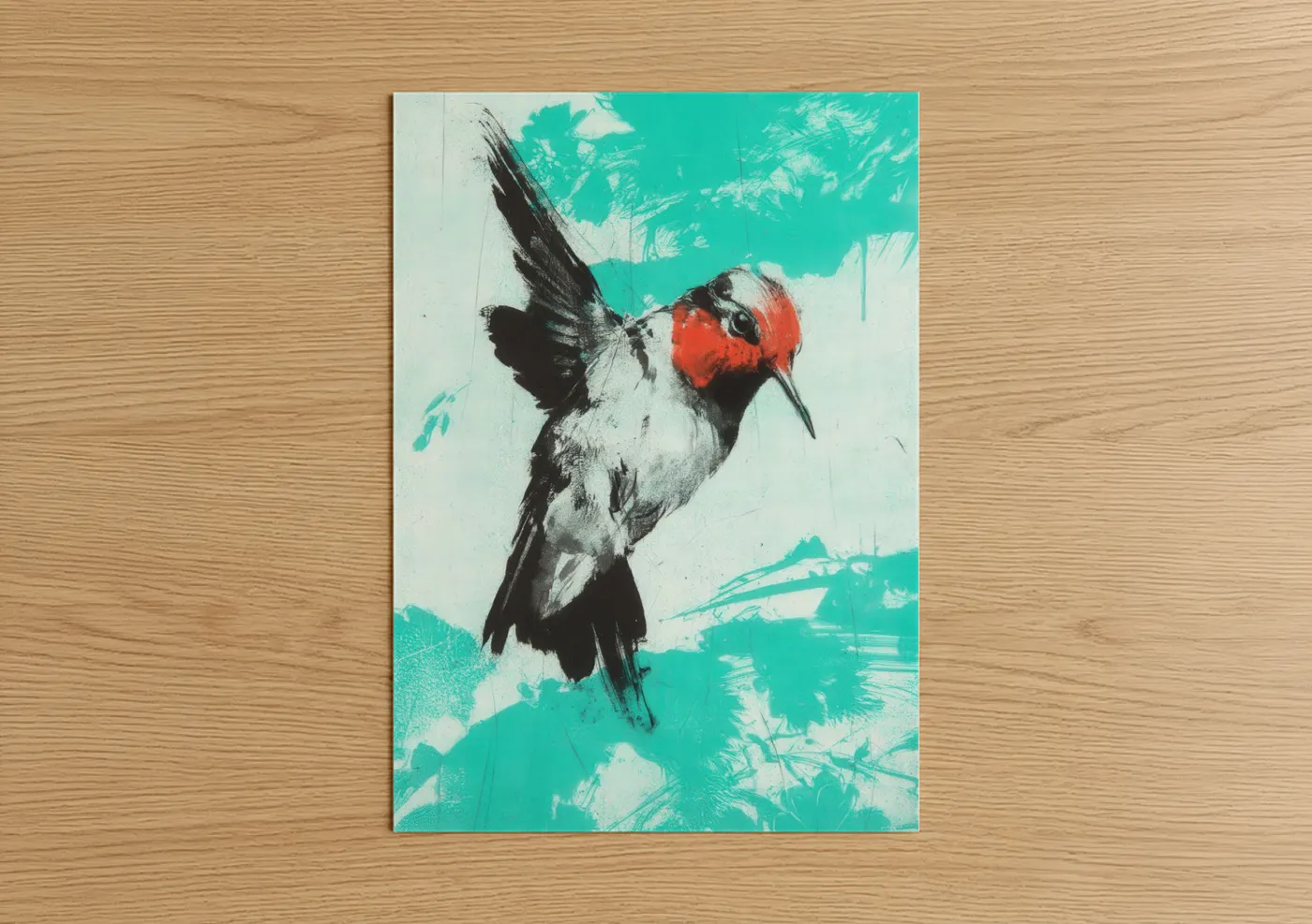 Art print on warm oak wood — turquoise and red palette — Ruby Hummingbird poster