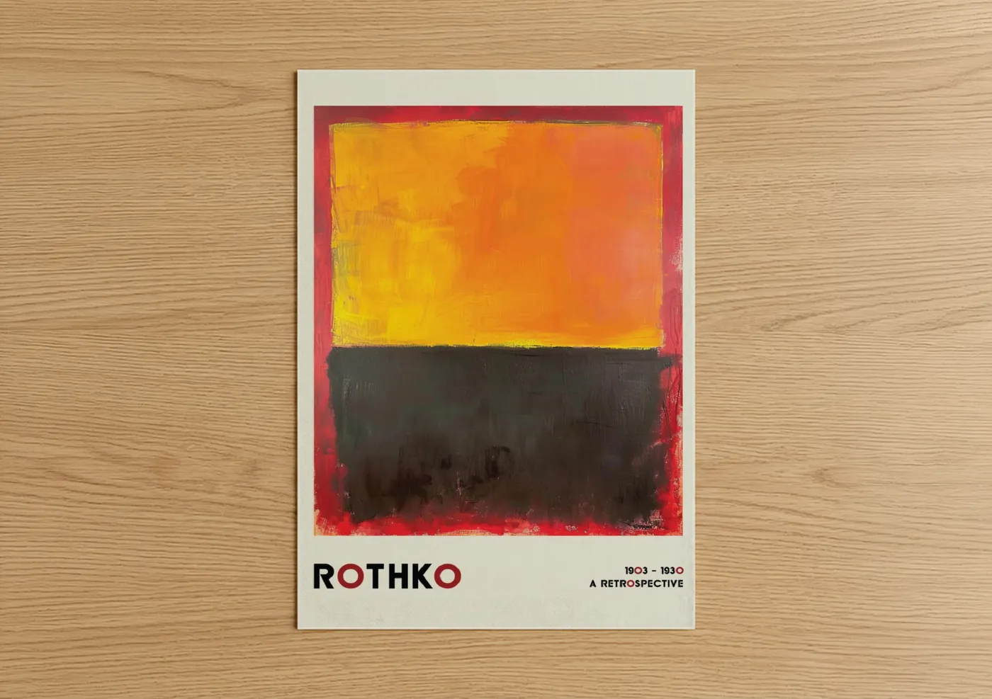 Abstract classic art print on warm oak wood — gold and red palette — Crimson Sunset Abstract poster