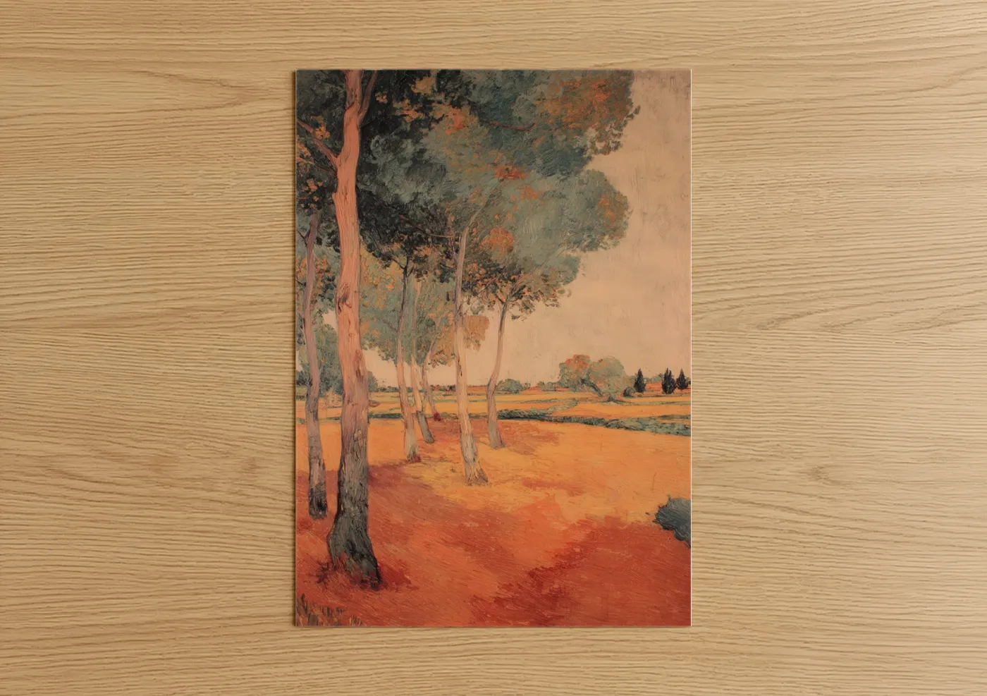 Eucalyptus forest art print on warm oak wood — russet and gold palette — Crimson Eucalyptus poster
