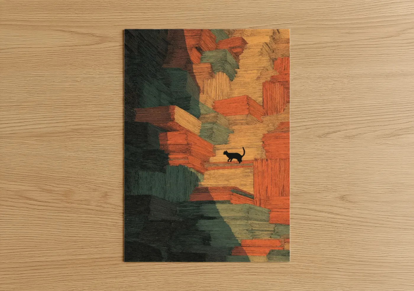 Art print on warm oak wood — sage green palette — Solitary Cat Labyrinth poster
