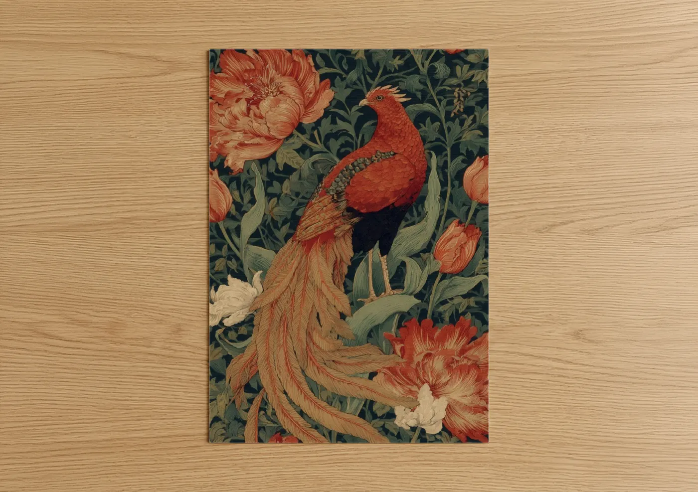 Art print on warm oak wood — red and dark green palette — Crimson Phoenix Garden poster