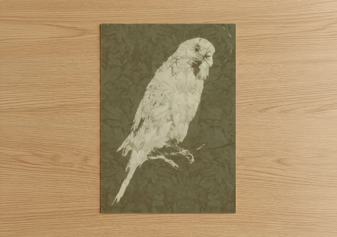 Budgeridar art print on warm oak wood — cream and sage green palette — Perched Budgerigar poster