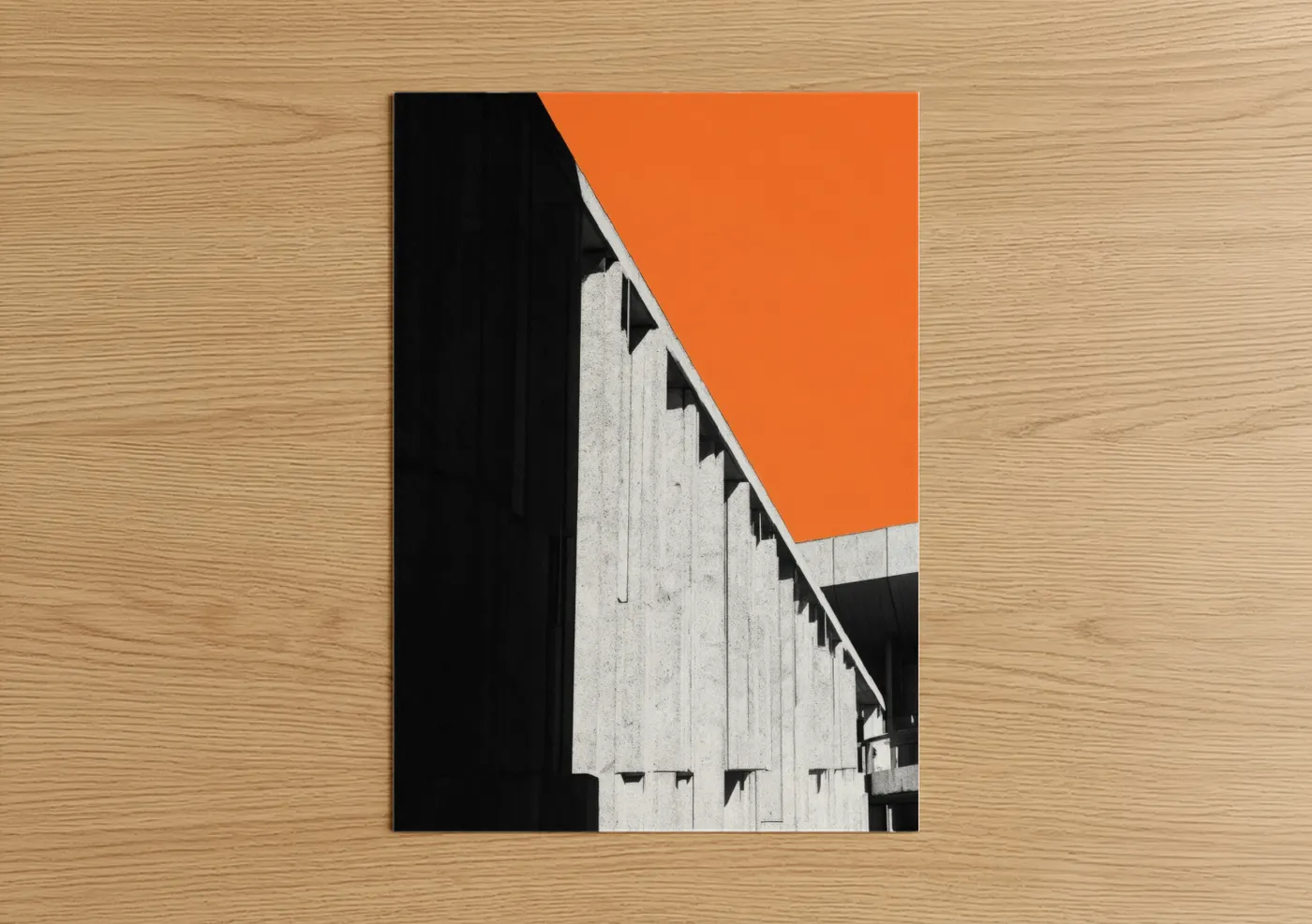 Abstract architecture art print on warm oak wood — orange and black and white palette — Brutalist Geometry poster